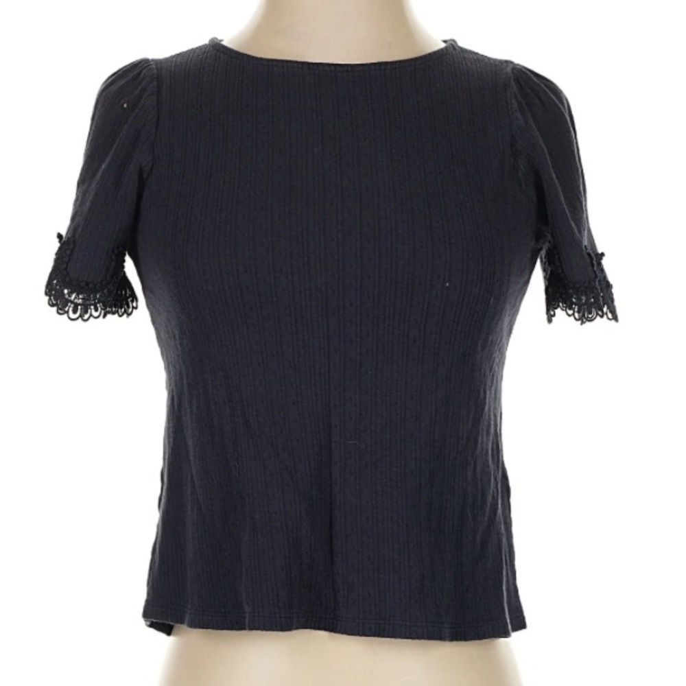SEZANE CLEA TEE SHIRT 100% Cotton Ribbed Lace Sleeves Navy Blue XS - Picture 5 of 11